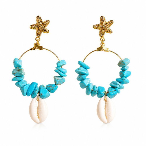Handmade earrings with turquoise stone, metal starfish and natural white shell