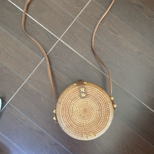 Round Bamboo Rattan Bag with Long Brown Strap