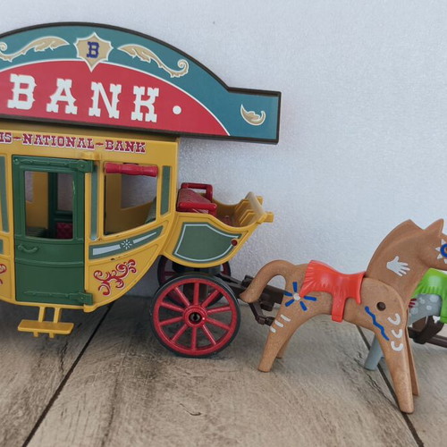 Playmobil Western Stagecoach 70013 with 2 Indian Horses and BANK sign