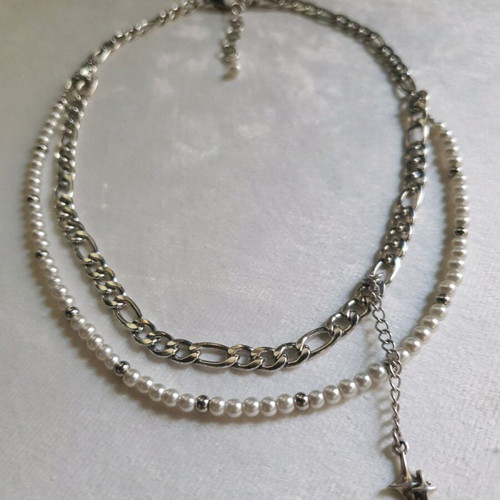 Double Layered Pearl Necklace with Stainless Steel Chain and North Star Pendant like new