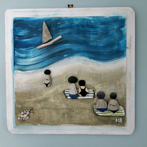 Paralia painting new with wood and pebbles 3D relief