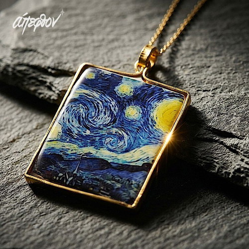 Van Gogh Starry Night necklace made to order, gold-plated steel and cold porcelain