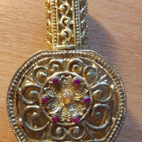 Vintage collectible perfume bottle used, handmade filigree with stones