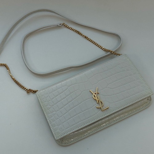 Saint Laurent Cassandre Croc-Embossed Leather Phone Holder Chain Bag, Ivory