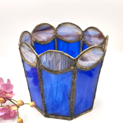 Vintage Dutch decorative candle holder used, blue Tiffany-style glass