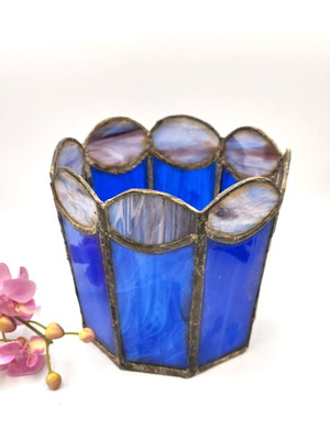 Vintage Dutch decorative candle holder used, blue Tiffany-style glass