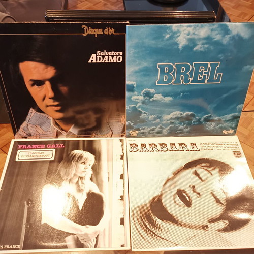 Vinyl records used, pack of 4 French pop artists including Adamo and Jacques Brel