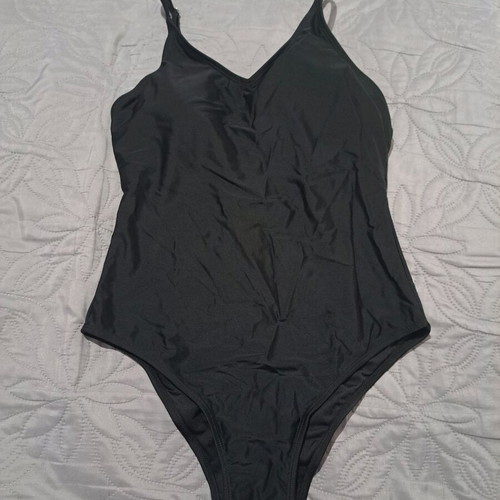 Black one-piece swimsuit like new, size S with V-neck and thin straps