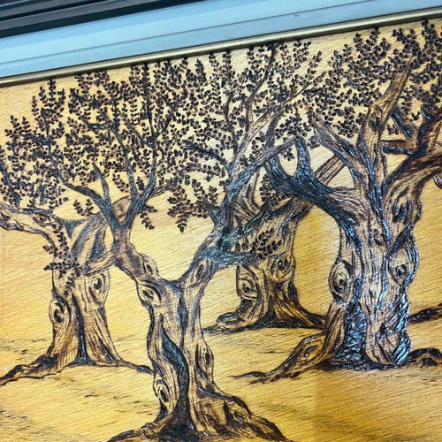 Vintage pyrography wall art used, olive grove with artist signature 40x47
