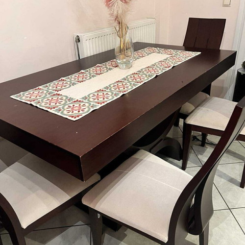 Wooden dining set with 6 chairs, stain-resistant fabric