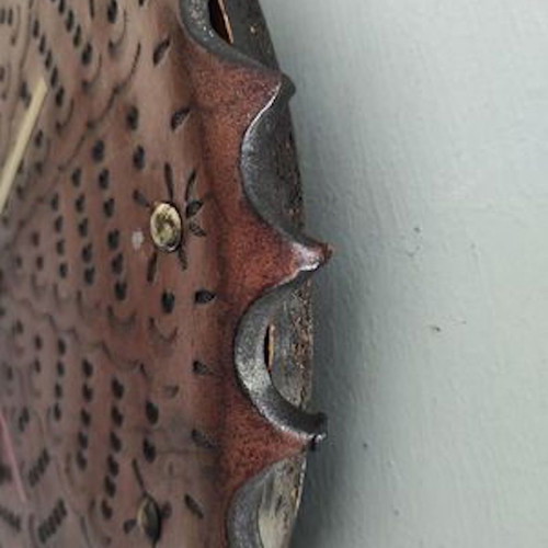 Leather wall clock used, analog, 30 cm diameter