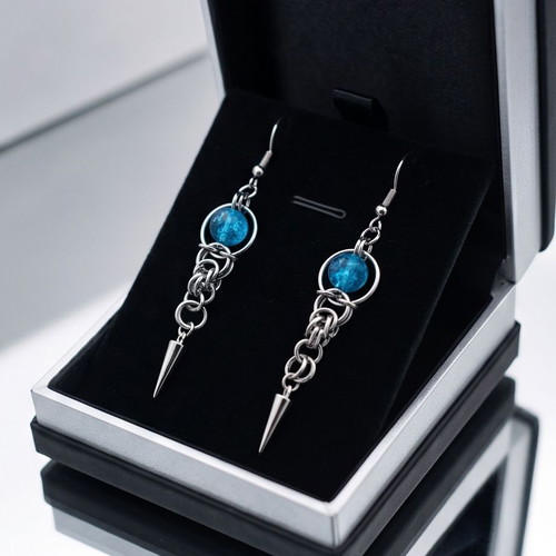 Steel chainmail earrings with blue stones new