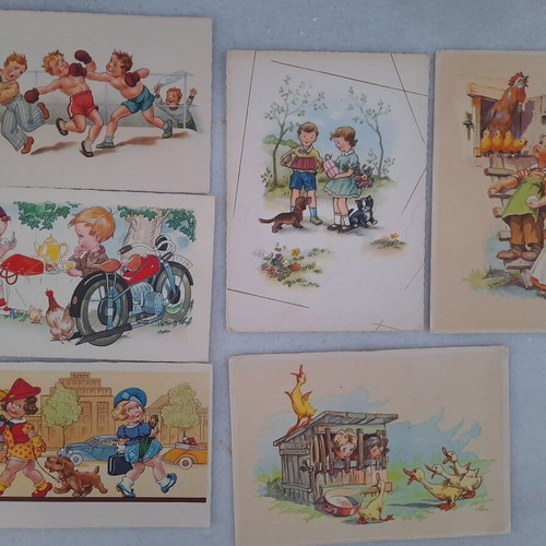 Vintage postcards with children's themes used, set of 6