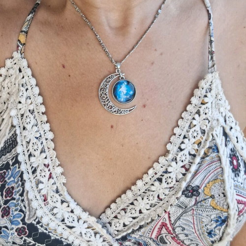Moon necklace new, silver and blue with universe design