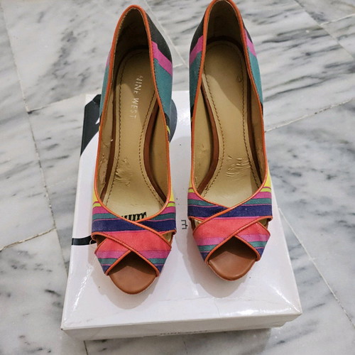 Nine West Peep Toe Colorful Pumps Used with Tan 12cm Heel