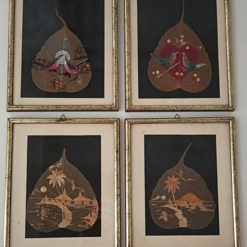 Handmade paintings on dried Peepal leaves set of 4, used