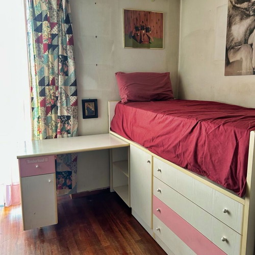Children's bed with desk and drawers used, white with pink details