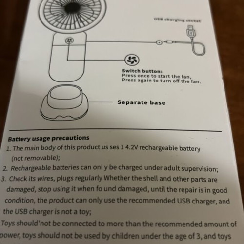 Handheld fan with base and charging cable, rechargeable