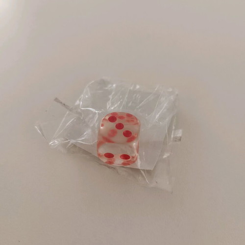 Small decorative dice new, transparent with red details