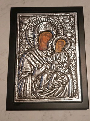 Religious icon of Virgin Mary with child Christ, wooden with silver like new