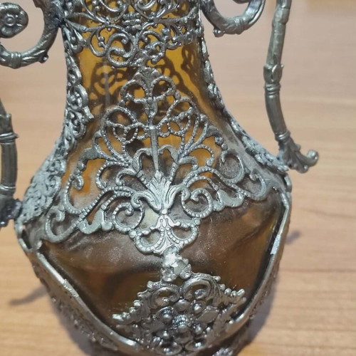 Gianniotiko vintage canataki used, amber blown glass with tin filigree