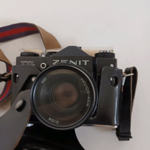 Zenit EM camera used with Helios 44M 2/58 lens and leather case