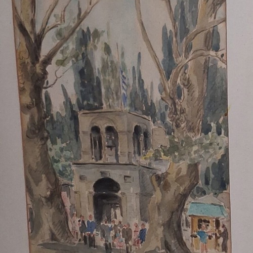 Evangelos Klonaridis Signed Watercolor Greek Festival Monastery Scene