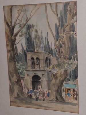 Evangelos Klonaridis Signed Watercolor Greek Festival Monastery Scene