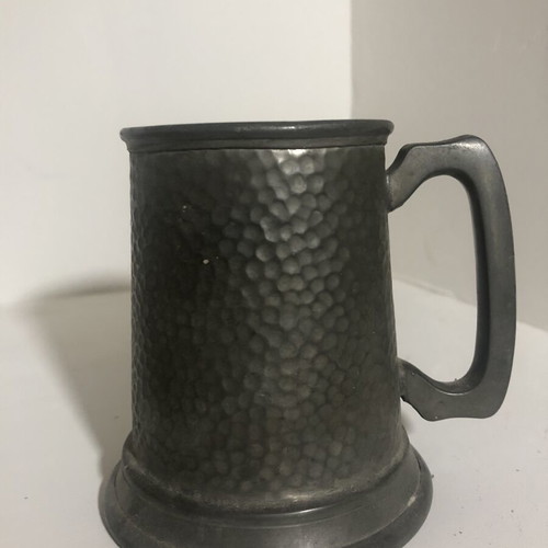 English pewter tankard jug used, vintage hammered finish