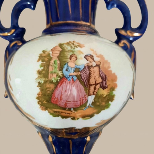 Vintage amphora vase made in Italy, cobalt blue with gold and Fragonard scene