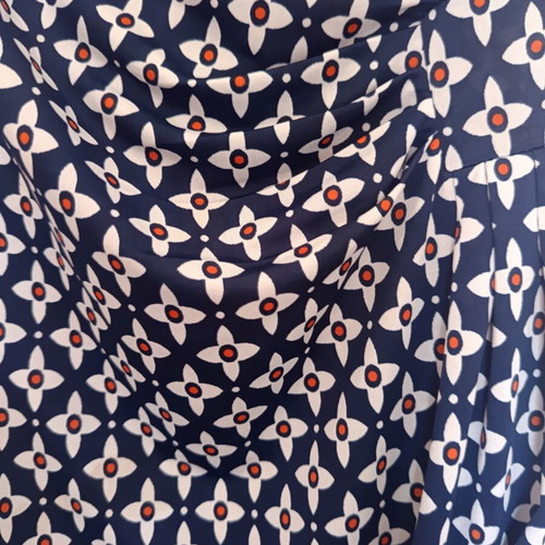 Navy Blue Geometric Print V-Neck Faux Wrap Dress like new