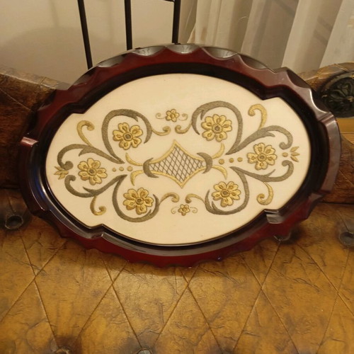 Oval wooden antique tray with handmade embroidery, like new