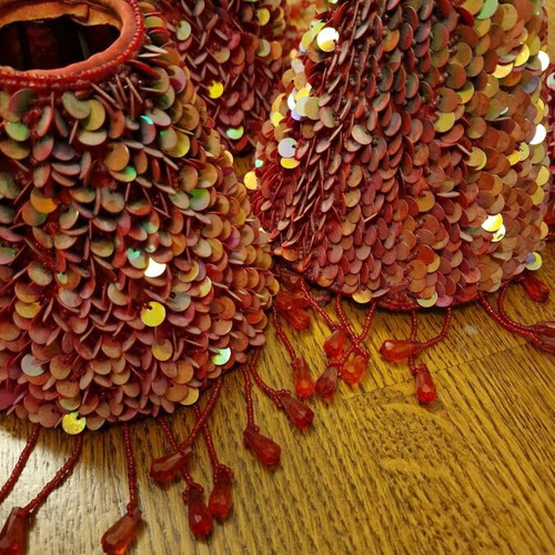 Vintage lampshades pack of 5 with red iridescent sequins and bead fringes used