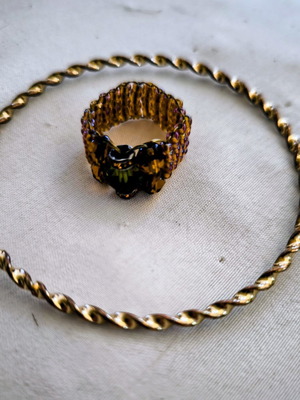 Handmade ring with green bead and gold bangle, size 17.3mm, new