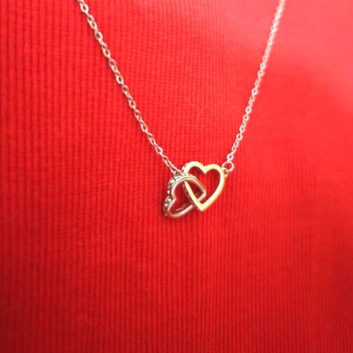Necklace with double heart and zircon like new, silver-gold