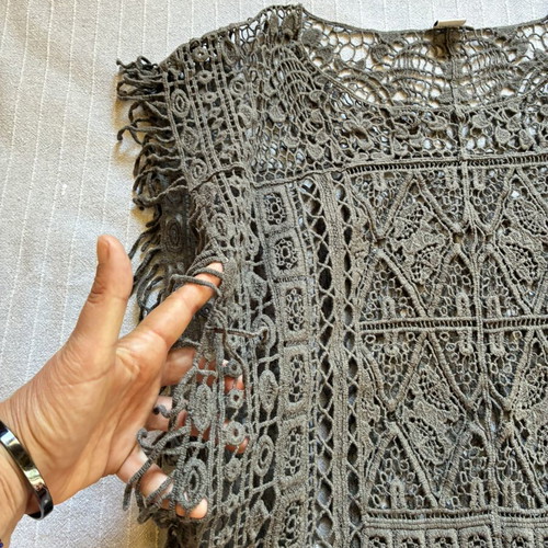 Boho Crochet Fringe Poncho Top, Khaki Lace Open Knit Tunic, Size S M