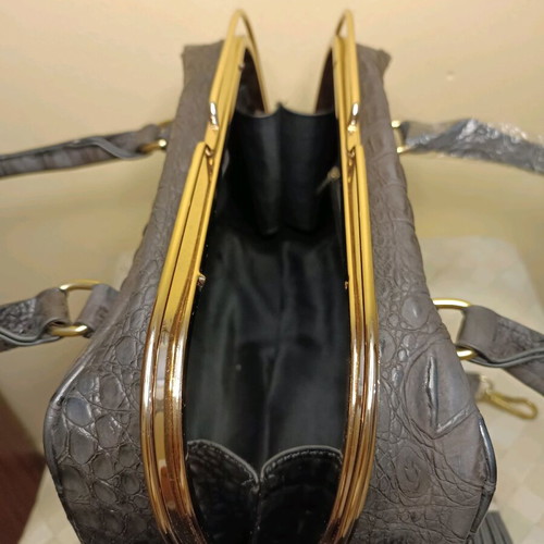 Leather Faux Satchel Bag Croco New With Gold Metal Details