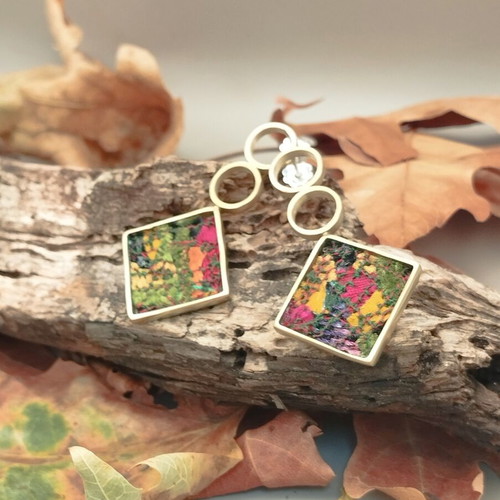 Handmade bronze earrings with fabric, silver posts
