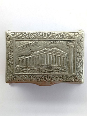 Metal table cigarette case used, 60s-70s era, with Parthenon and Temple of Olympian Zeus
