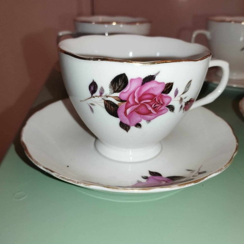 Vintage porcelain cup and saucer set with fuchsia roses