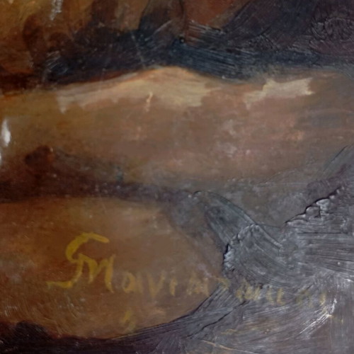 Two used artworks acrylic on hardboard, seascape and copy of Maria of Adelaide