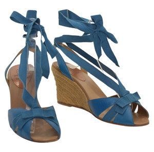 Christian Louboutin Blue Leather Fabric Ankle Tie Up Espadrille Wedge Sandals 9