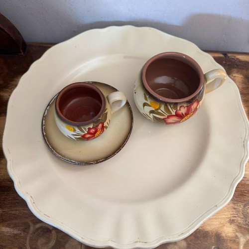 Large vintage platter with two hand-painted used coffee cups