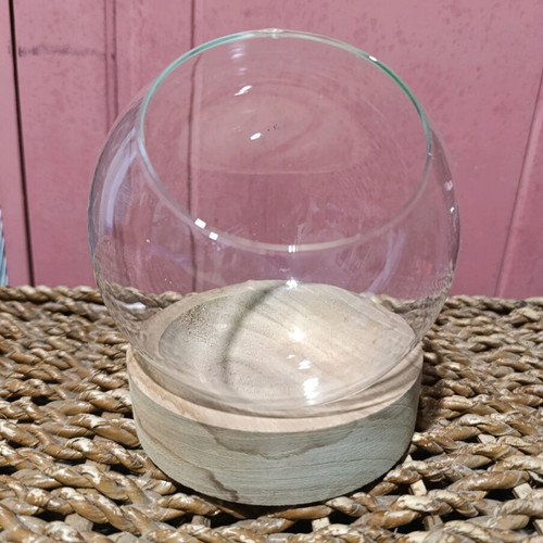 Glass Sphere with Wooden Base used, minimal natural elegance