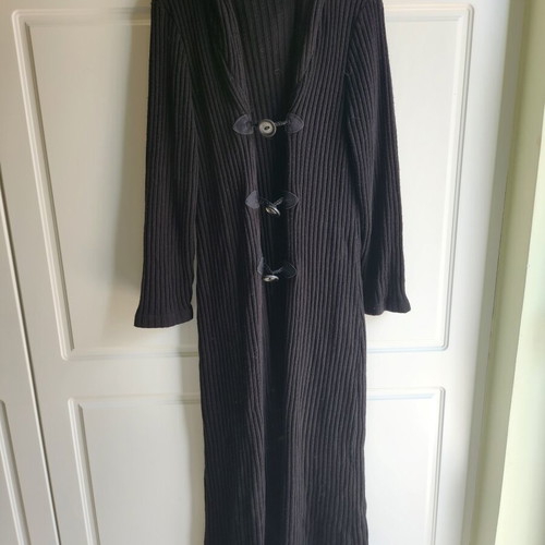 Women's black knitted long cardigan with buttons and hood like new, size L-XL