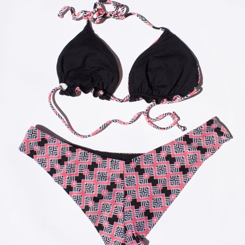 Bikini set cheeky bottom pink black pattern medium like new
