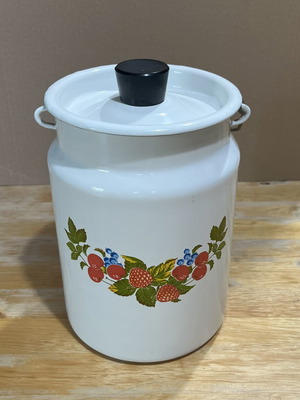 Vintage enamel jar white with fruit pattern, 21x14 cm, like new