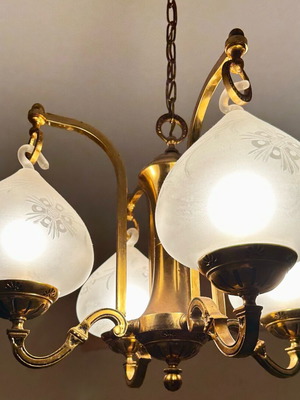 Set of 3 bronze chandeliers with opaline glass like new, vintage