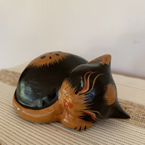 Wooden Sleeping Cat Figurine like new, hand-carved and painted