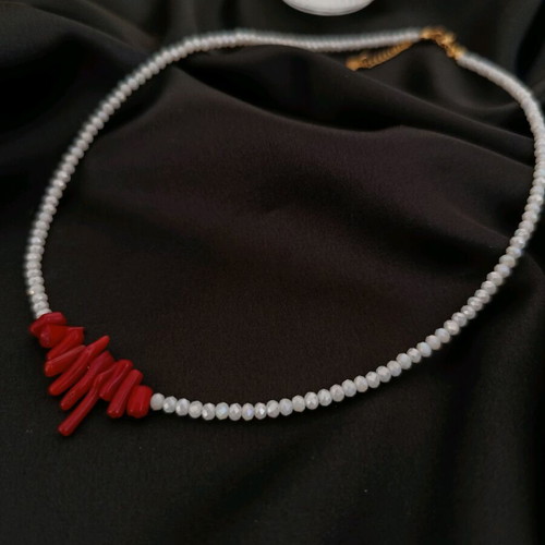 Handmade steel necklace with white crystals and red corals